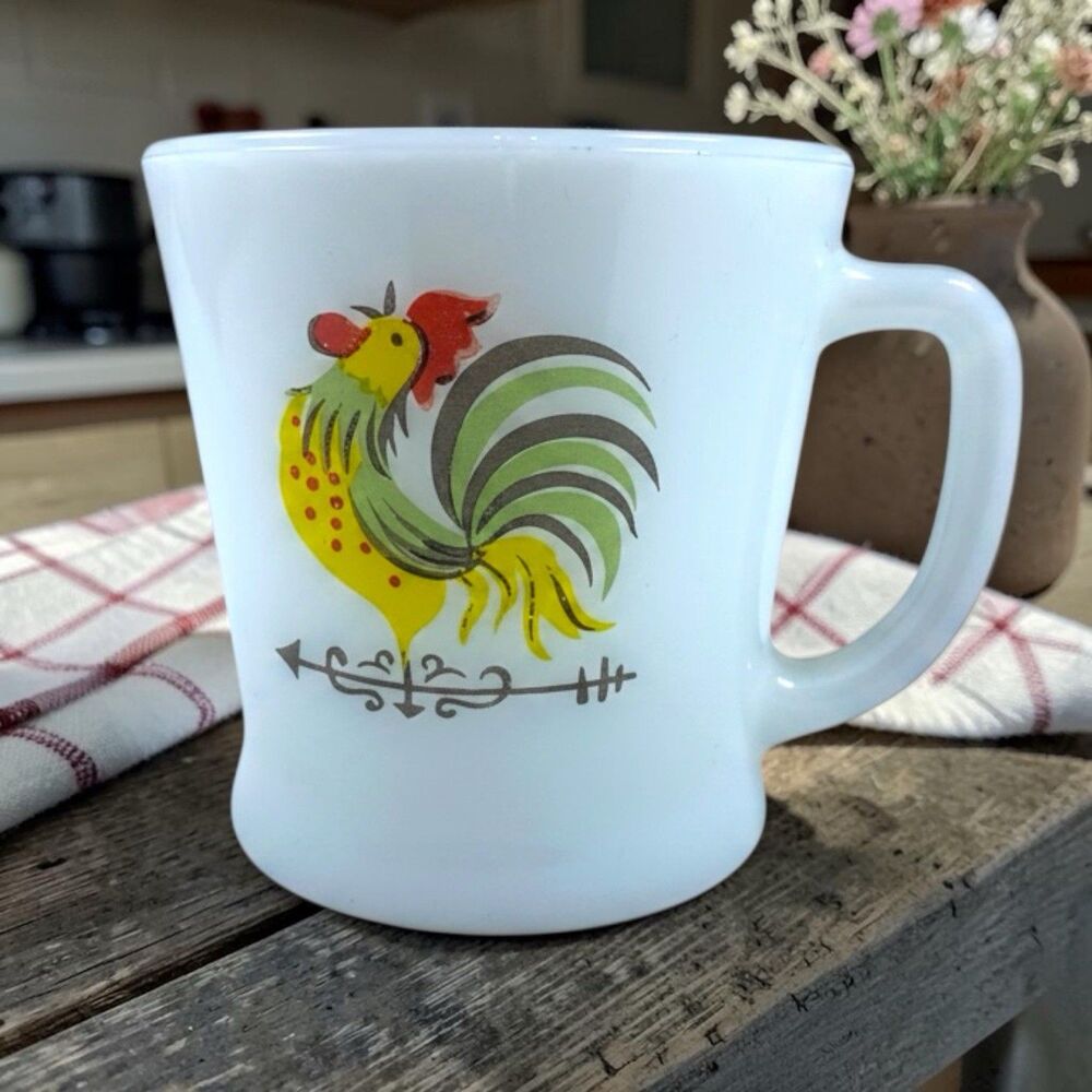 Vintage 1950’s Fire King “Chanticleer” Rooster Mug White Milk Glass D Handle